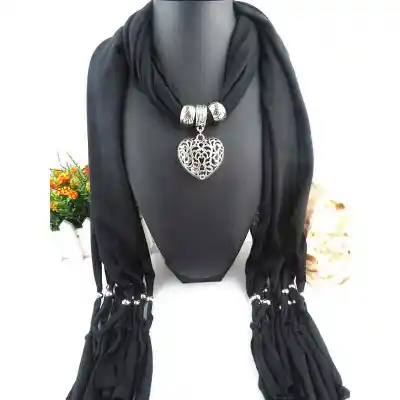 Women Graceful Hollow Heart Shape Alloy Pendant Polyester Scarf Long 180x40 cm