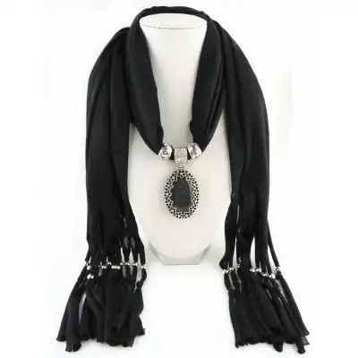 Women Hollow Flower Pattern Oval Stone Pendant Polyester Long Scarf Necklace