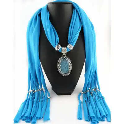 Women Hollow Flower Pattern Oval Stone Pendant Polyester Long Scarf Necklace