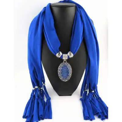 Women Hollow Flower Pattern Oval Stone Pendant Polyester Long Scarf Necklace
