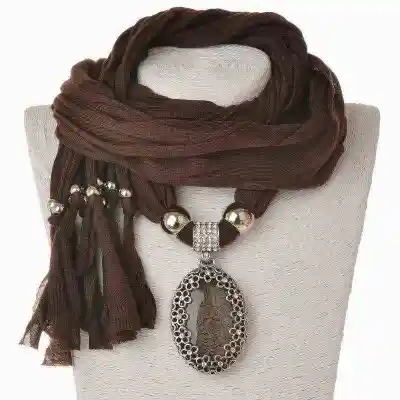 Women Hollow Flower Pattern Oval Stone Pendant Polyester Long Scarf Necklace