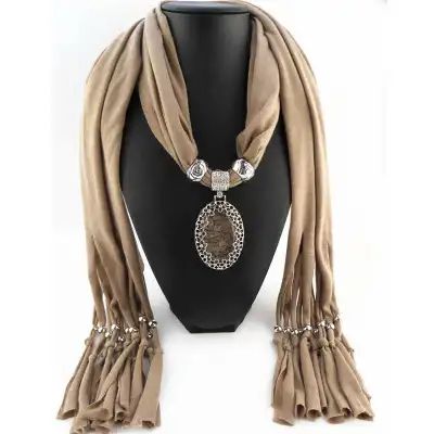 Women Hollow Flower Pattern Oval Stone Pendant Polyester Long Scarf Necklace