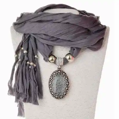 Women Hollow Flower Pattern Oval Stone Pendant Polyester Long Scarf Necklace