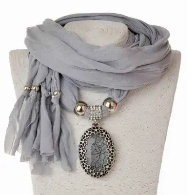 Women Hollow Flower Pattern Oval Stone Pendant Polyester Long Scarf Necklace
