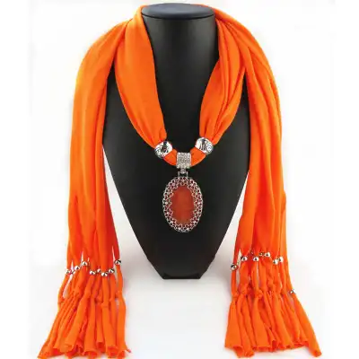 Women Hollow Flower Pattern Oval Stone Pendant Polyester Long Scarf Necklace