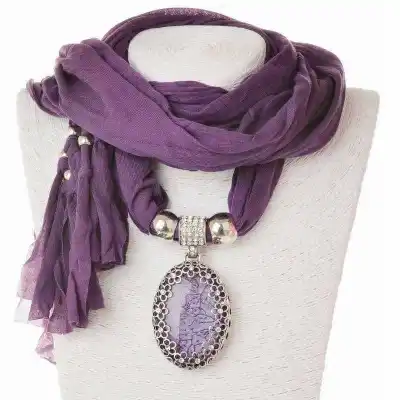 Women Hollow Flower Pattern Oval Stone Pendant Polyester Long Scarf Necklace