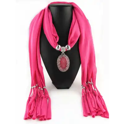 Women Hollow Flower Pattern Oval Stone Pendant Polyester Long Scarf Necklace