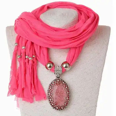 Women Hollow Flower Pattern Oval Stone Pendant Polyester Long Scarf Necklace