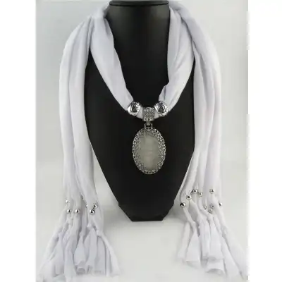 Women Hollow Flower Pattern Oval Stone Pendant Polyester Long Scarf Necklace