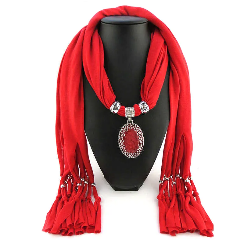 Women Hollow Flower Pattern Oval Stone Pendant Polyester Long Scarf Necklace