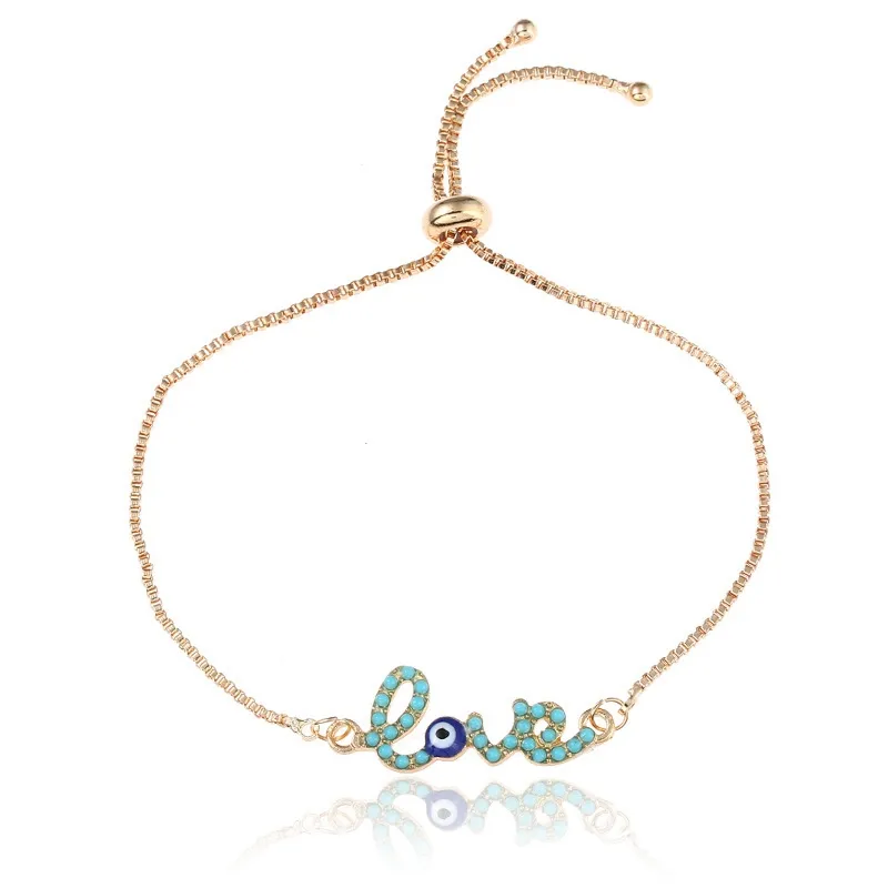 New Evil Eye Design Blue Enamel Love Shape Gold Plated Metal Adjustable Bracelets