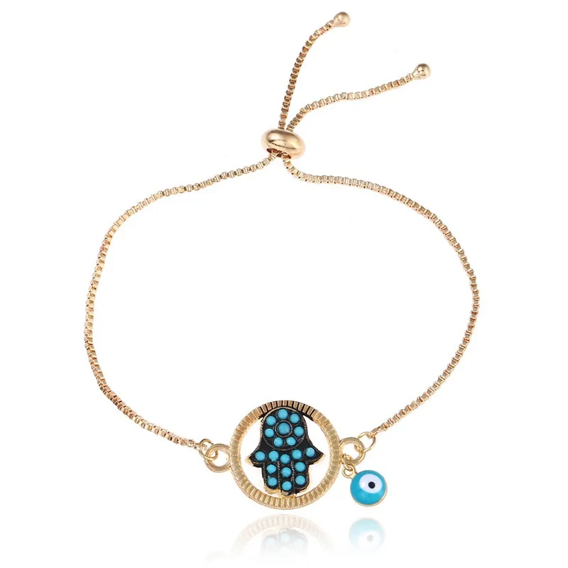 Fashion Gold Plated Blue Enamel Hamsa Hand Adjustable Alloy Bracelets