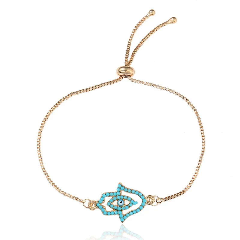 Latest Evil Eye Design Blue Enamel Hamsa Hand Shape Alloy Adjustable Bracelets