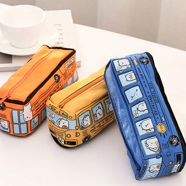 Creative Cartoon Bus Canvas Pencil Bag Universal