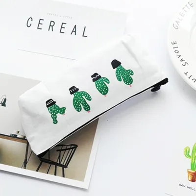 Canvas Cactus Print Cute Pencil Bag for School Stationery