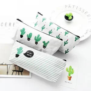 Canvas Cactus Print Cute Pencil Bag for School Stationery