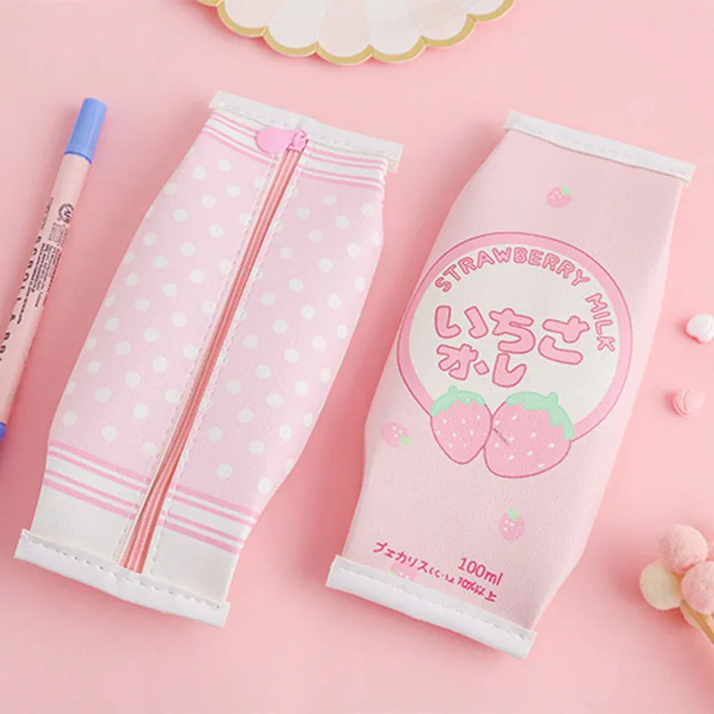 Creative Strawberry Milk Pencil Bag Leather Stripe Square Stationery