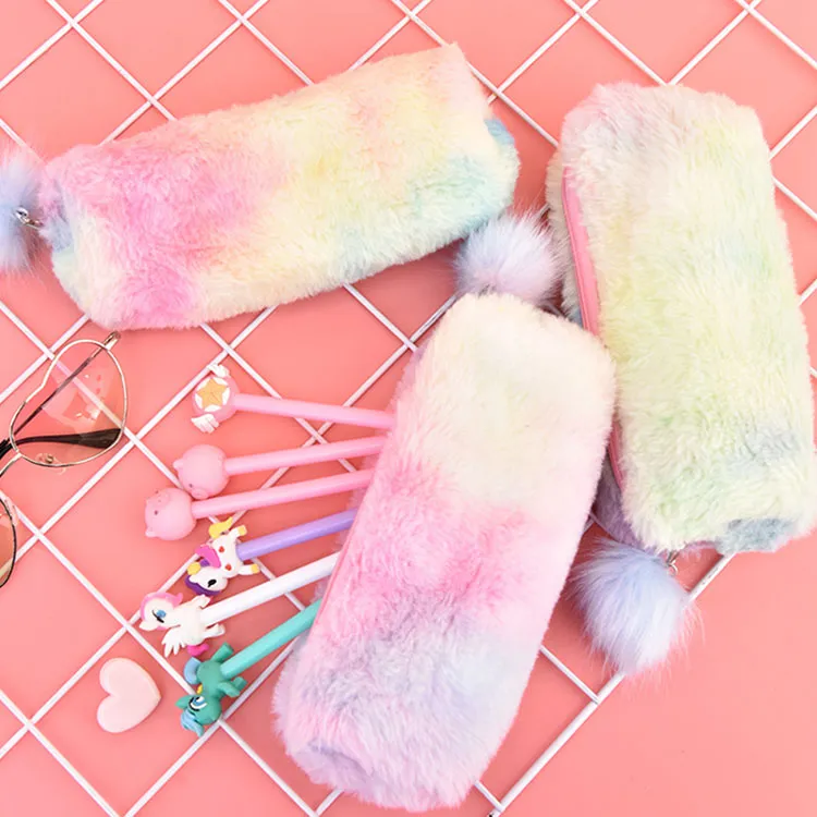 Cute Gradient Color Plush Pencil Bag Round Stationery Pouch