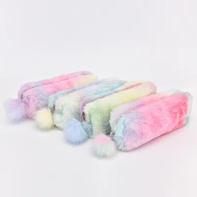 Cute Gradient Color Plush Pencil Bag Round Stationery Pouch