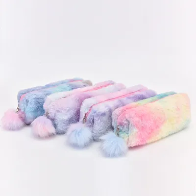 Cute Gradient Color Plush Pencil Bag Round Stationery Pouch