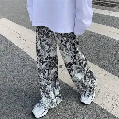 S-2XL Women Fashion Painting Pattern Wide Leg Trousers