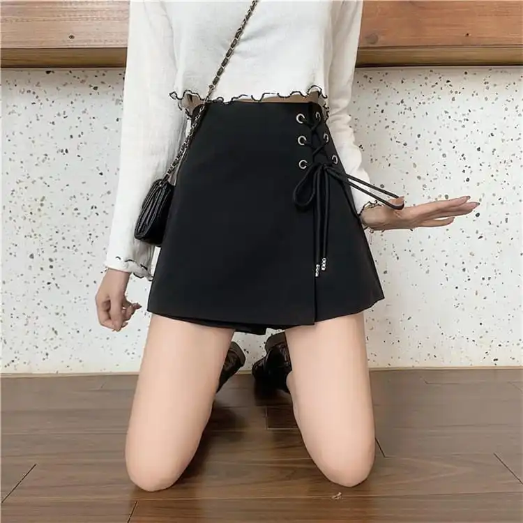 S-5XL Women Fashion Solid Color Irregular Lace Up Shorts