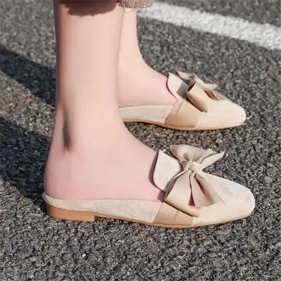 Size:4.5-8.5 Women Fashion Suede Bow Decorative Flat Mules