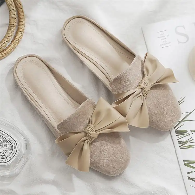 Size:4.5-8.5 Women Fashion Suede Bow Decorative Flat Mules
