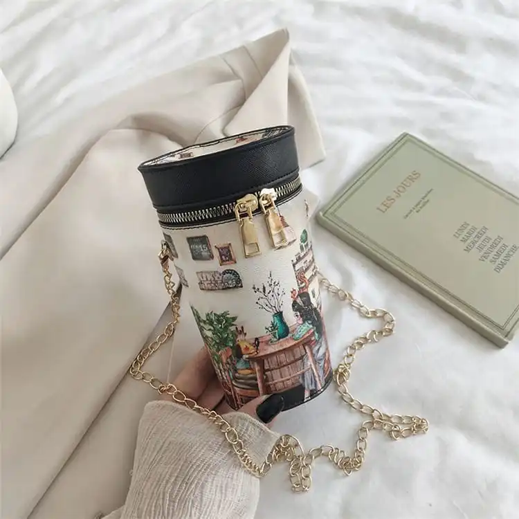Women Cartoon Printed Color Blocking Zipper PU Crossbody Bag