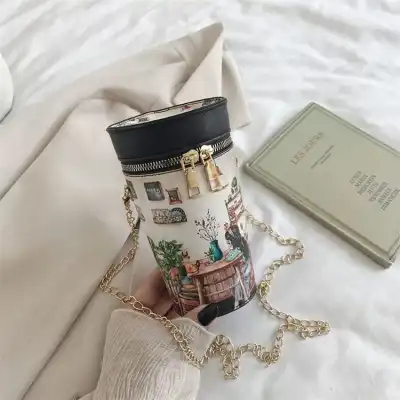 Women Cartoon Printed Color Blocking Zipper PU Crossbody Bag