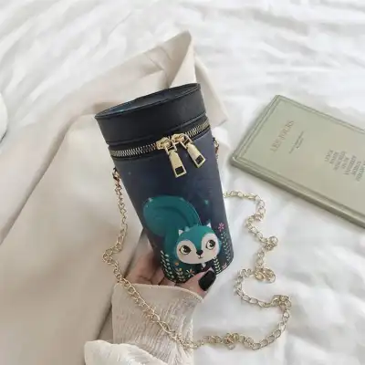 Women Cartoon Printed Color Blocking Zipper PU Crossbody Bag