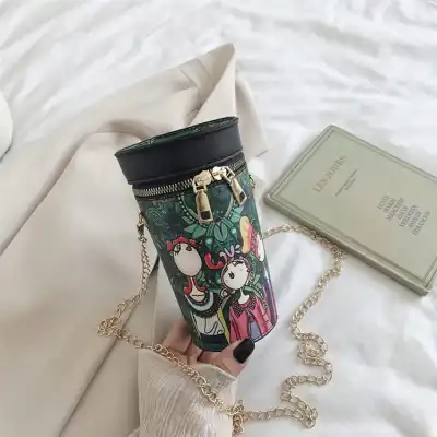 Women Cartoon Printed Color Blocking Zipper PU Crossbody Bag