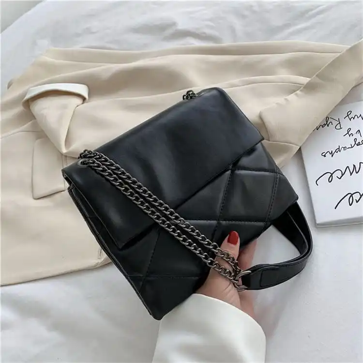 Women Solid Color PU Chain Shoulder Bag with Stitching