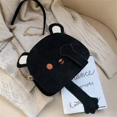 Women Cartoon Bear Color Blocking Chain Suede Crossbody Bag