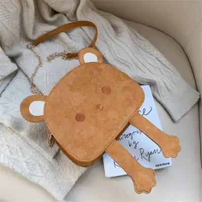 Women Cartoon Bear Color Blocking Chain Suede Crossbody Bag