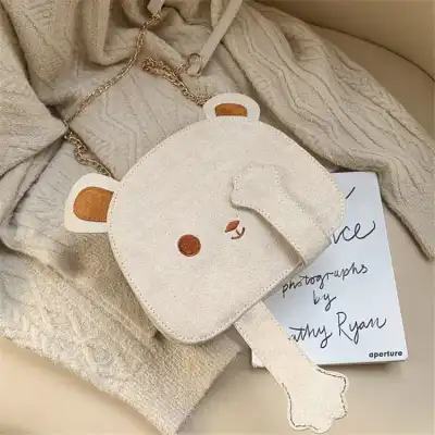 Women Cartoon Bear Color Blocking Chain Suede Crossbody Bag