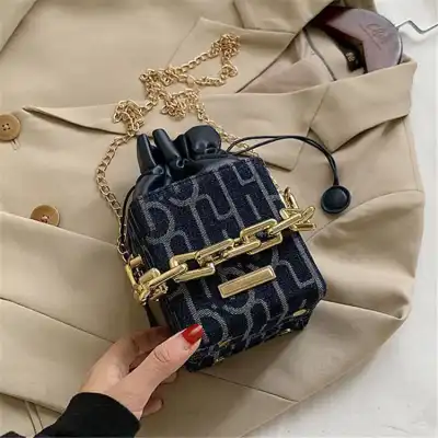 Women Fashion Color Blocking Patchwork Drawstring Chain Crossbody Bag