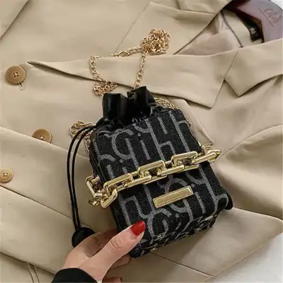 Women Fashion Color Blocking Patchwork Drawstring Chain Crossbody Bag