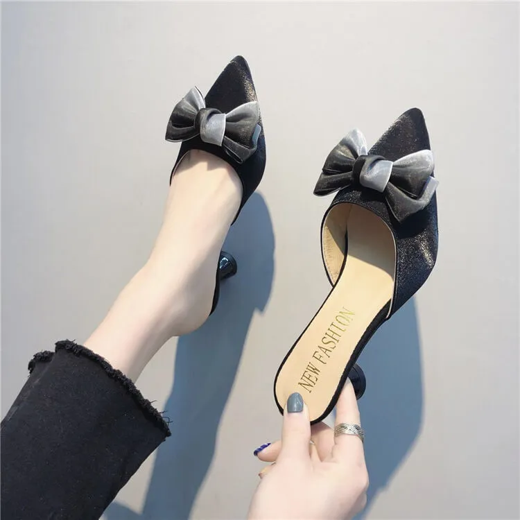 Size:4.5-8.5 Women Fashion Bow Pointed-toe High Heel Slippers