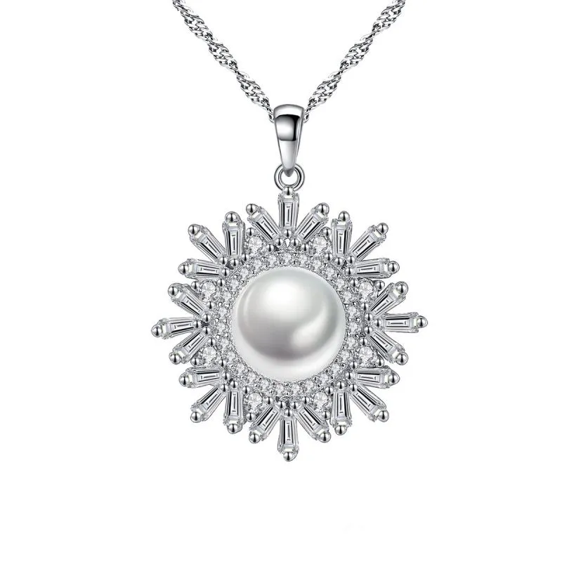 Fashion Snowflake Design Pendant Luxury Sterling Silver Natural Pearl Necklace