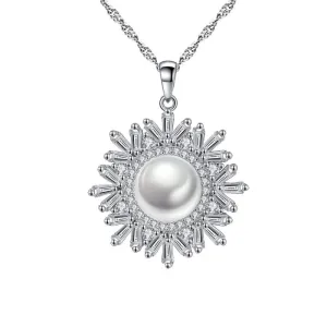 Fashion Snowflake Design Pendant Luxury Sterling Silver Natural Pearl Necklace