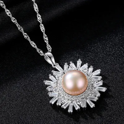 Fashion Snowflake Design Pendant Luxury Sterling Silver Natural Pearl Necklace