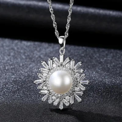 Fashion Snowflake Design Pendant Luxury Sterling Silver Natural Pearl Necklace