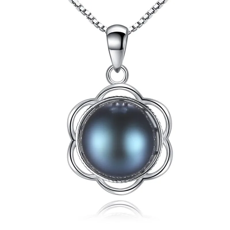 Women Hollow Flower Pattern Big Natural Freshwater Pearl S925 Silver Necklace Box Chain