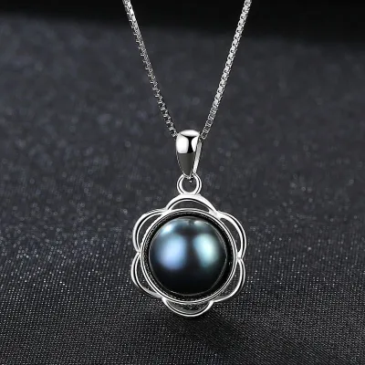 Women Hollow Flower Pattern Big Natural Freshwater Pearl S925 Silver Necklace Box Chain