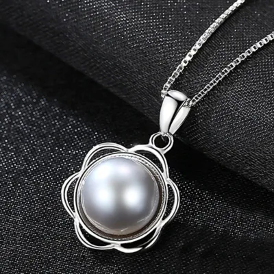 Women Hollow Flower Pattern Big Natural Freshwater Pearl S925 Silver Necklace Box Chain
