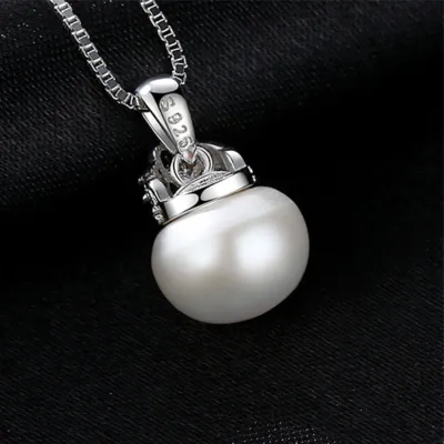 Elegant Women Natural Pearl Pendant Shiny Zircon Sterling Silver Necklace 42+3cm