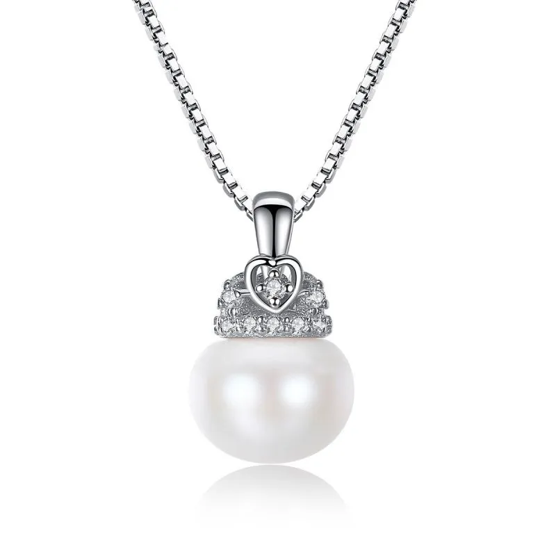 Elegant Women Natural Pearl Pendant Shiny Zircon Sterling Silver Necklace 42+3cm