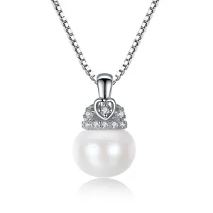 Elegant Women Natural Pearl Pendant Shiny Zircon Sterling Silver Necklace 42+3cm