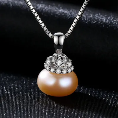 Elegant Women Natural Pearl Pendant Shiny Zircon Sterling Silver Necklace 42+3cm